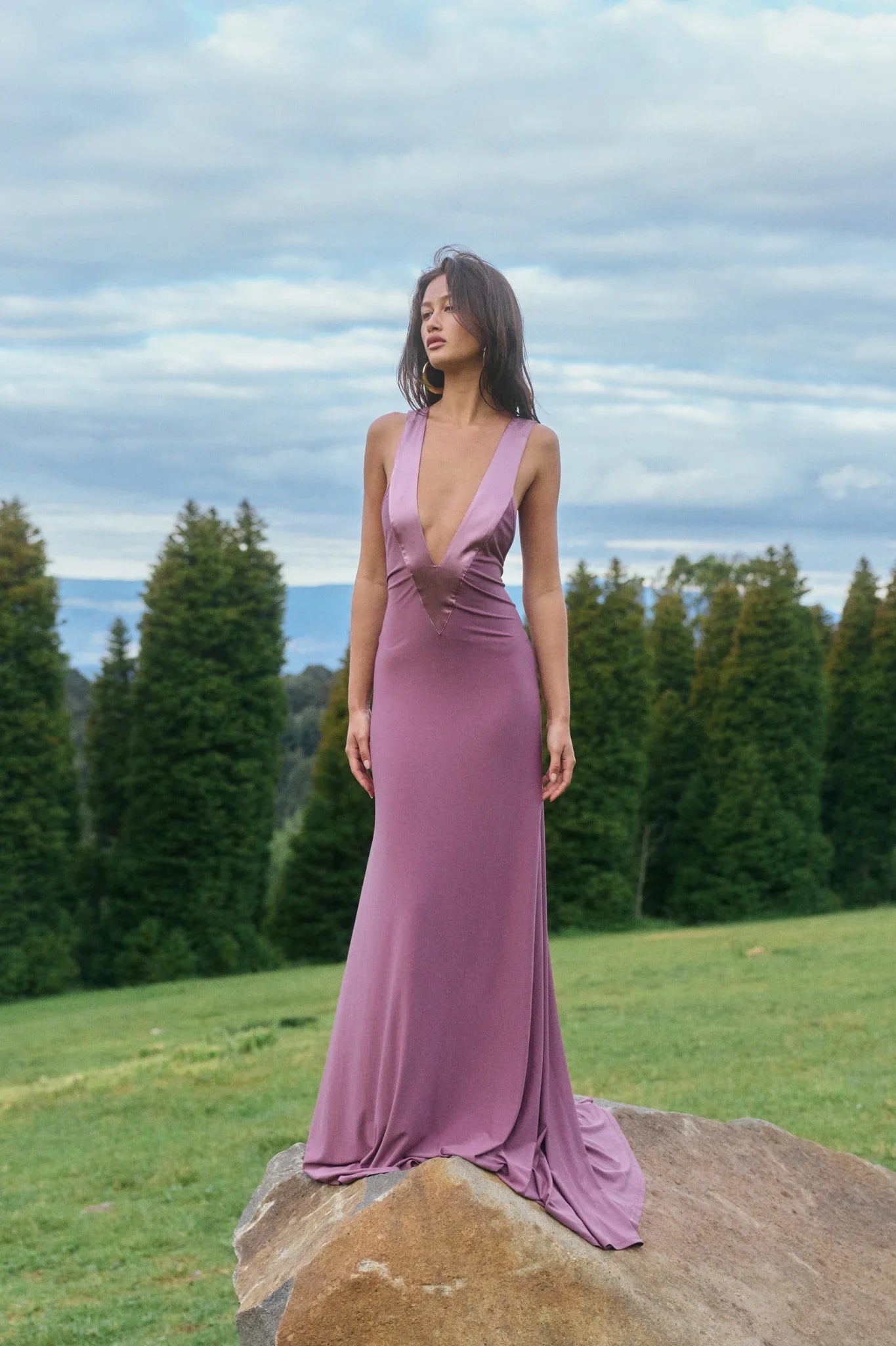 Satin Trim Plunge Maxi Dress