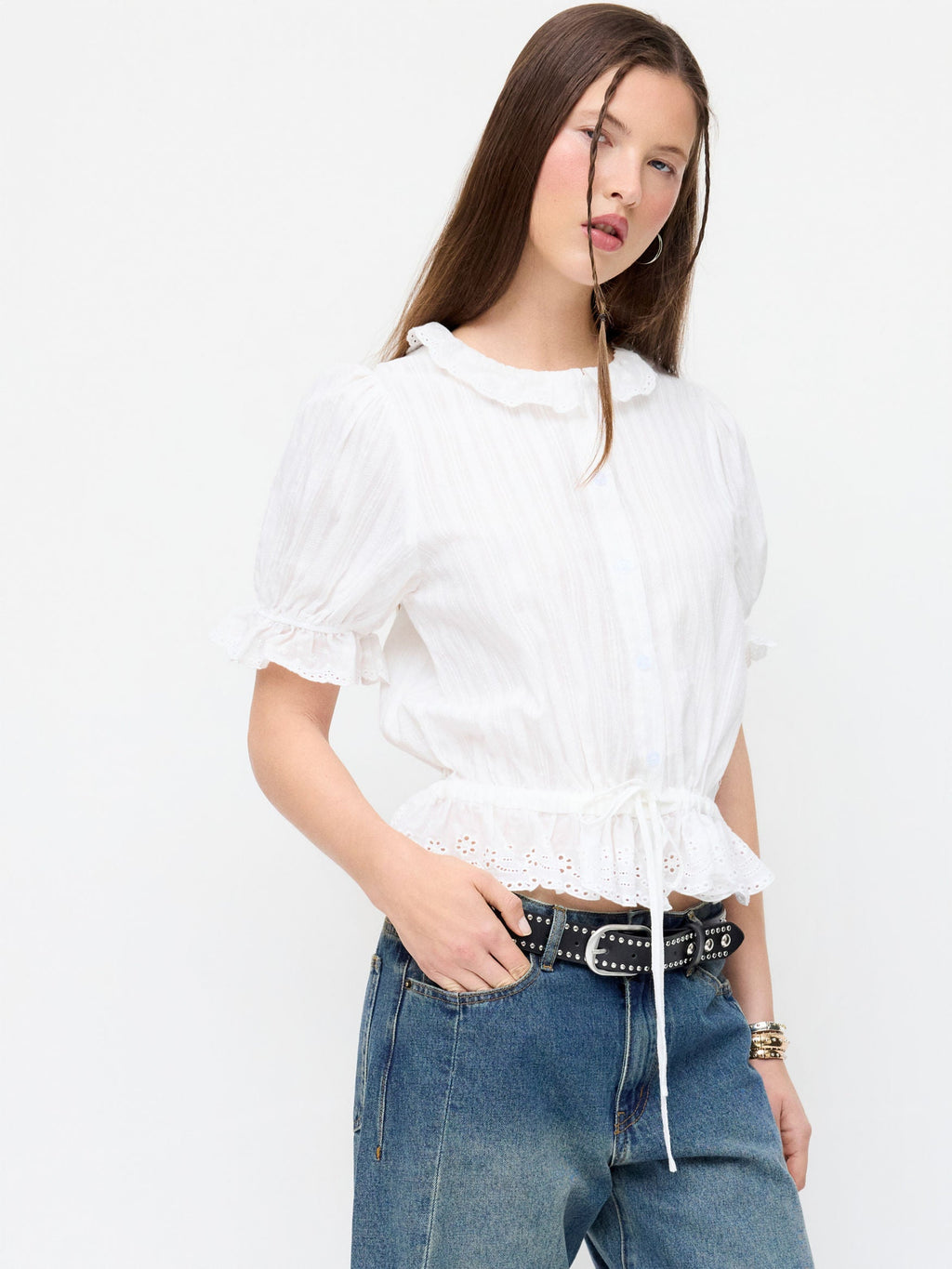 Eyelet Ruffle Blouse & Mini Skirt Set
