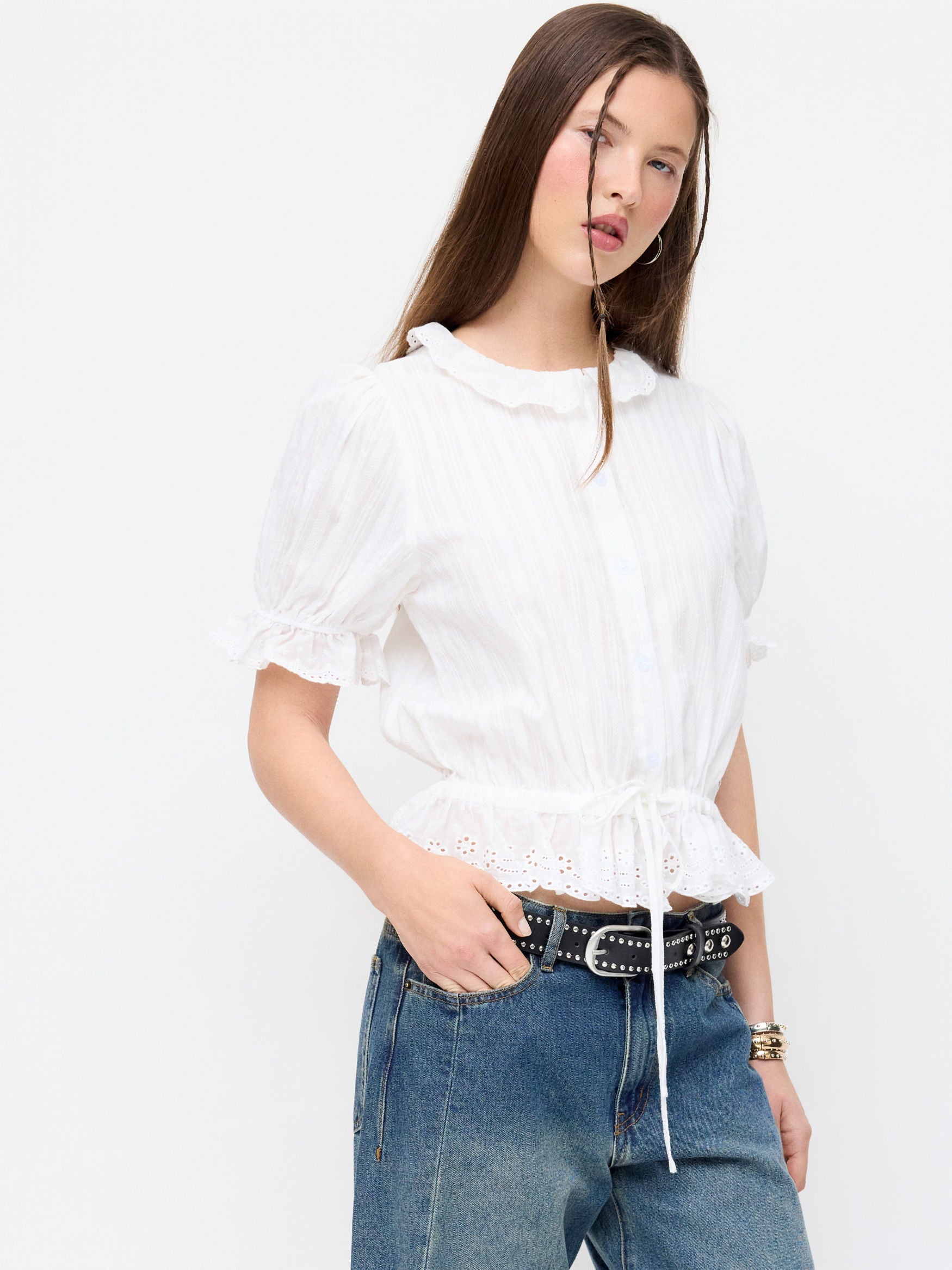 Eyelet Ruffle Blouse & Mini Skirt Set