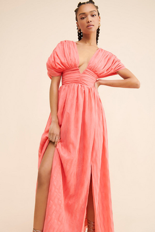 Pleated Deep V Maxi Dress