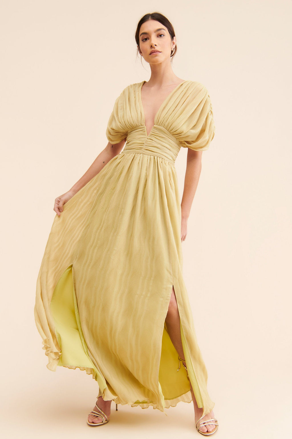 Pleated Deep V Maxi Dress