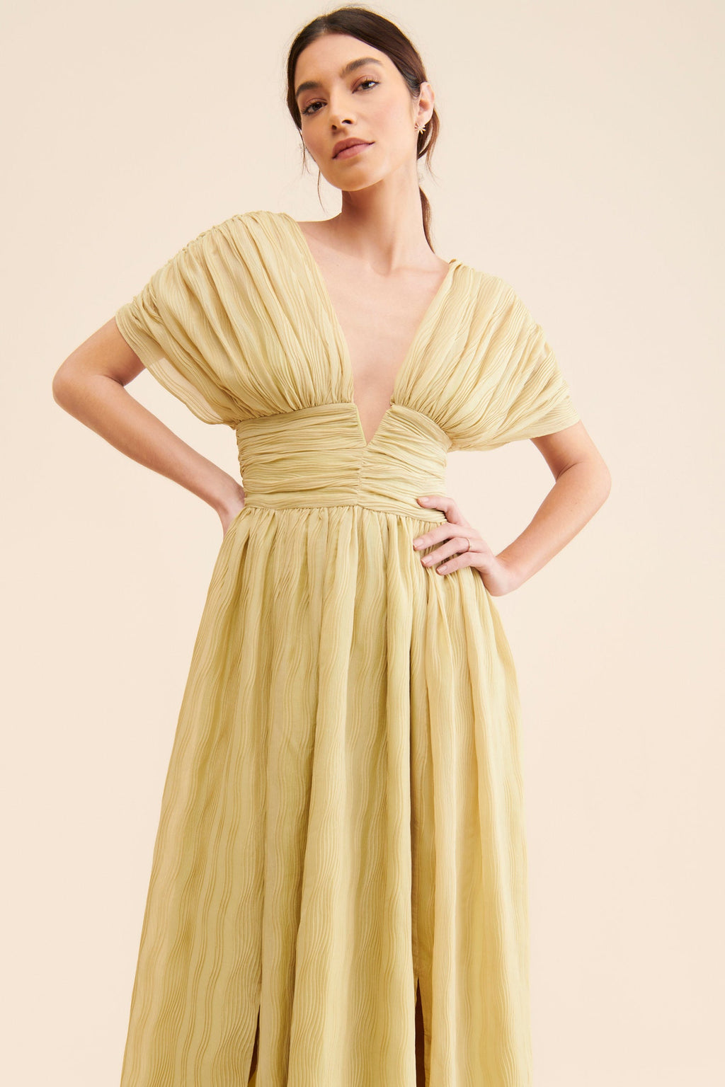 Pleated Deep V Maxi Dress