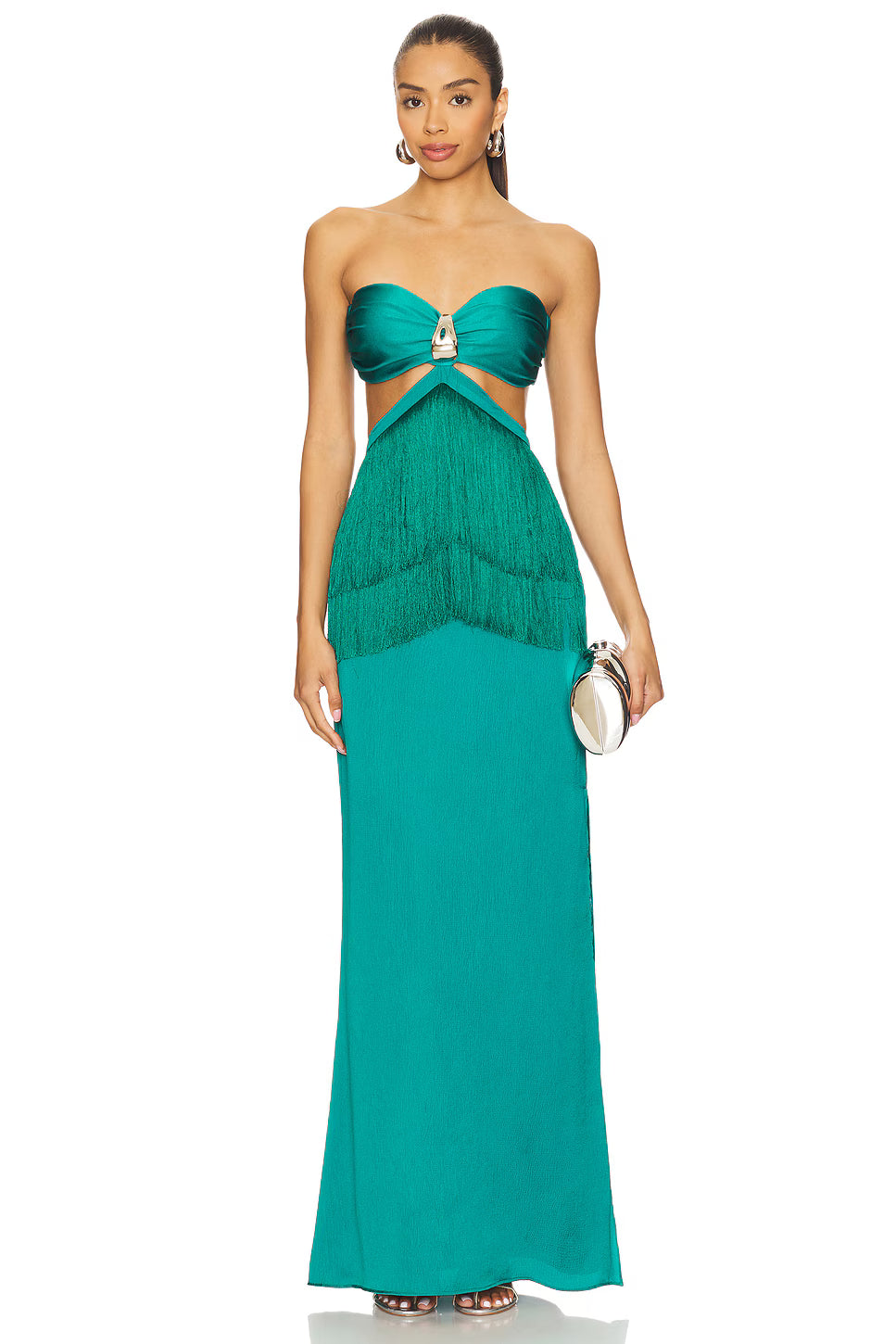 Fringe Cutout Strapless Maxi Gown