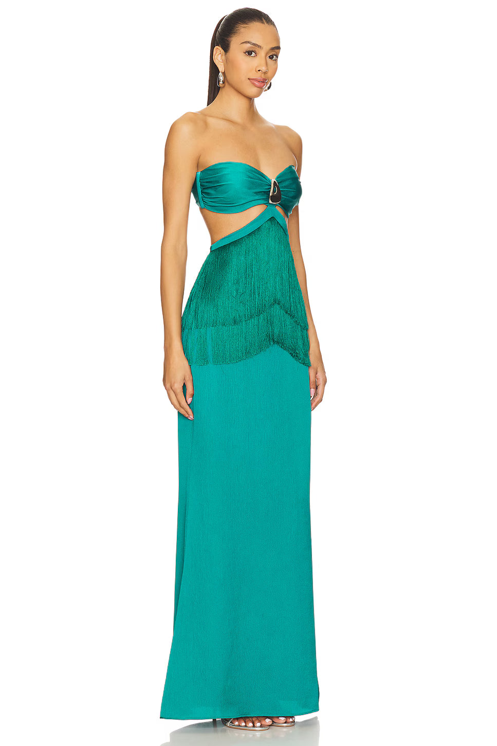 Fringe Cutout Strapless Maxi Gown