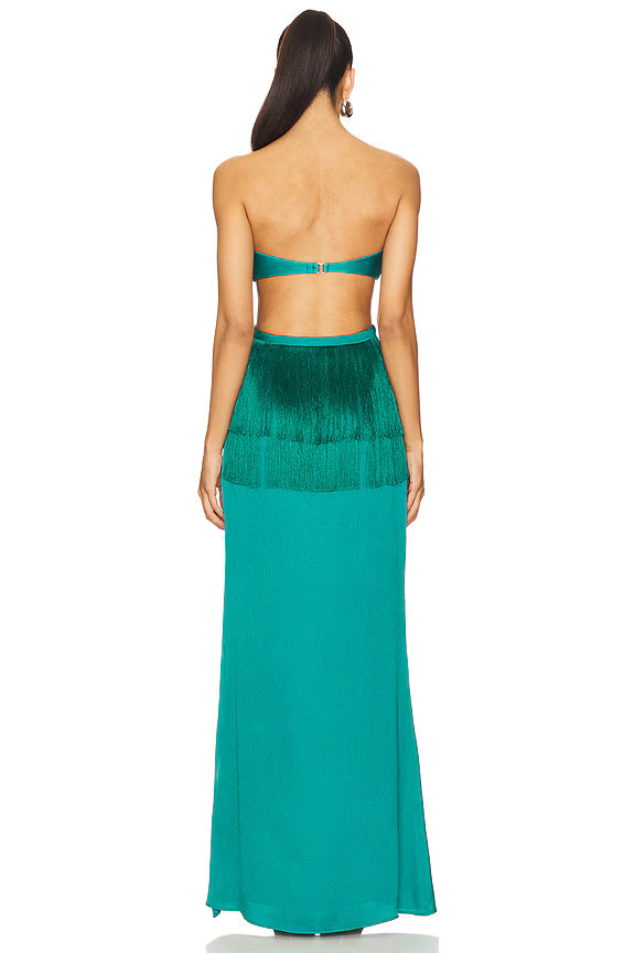 Fringe Cutout Strapless Maxi Gown