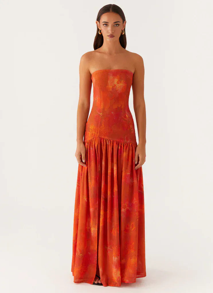 Red Floral Strapless Maxi Dress