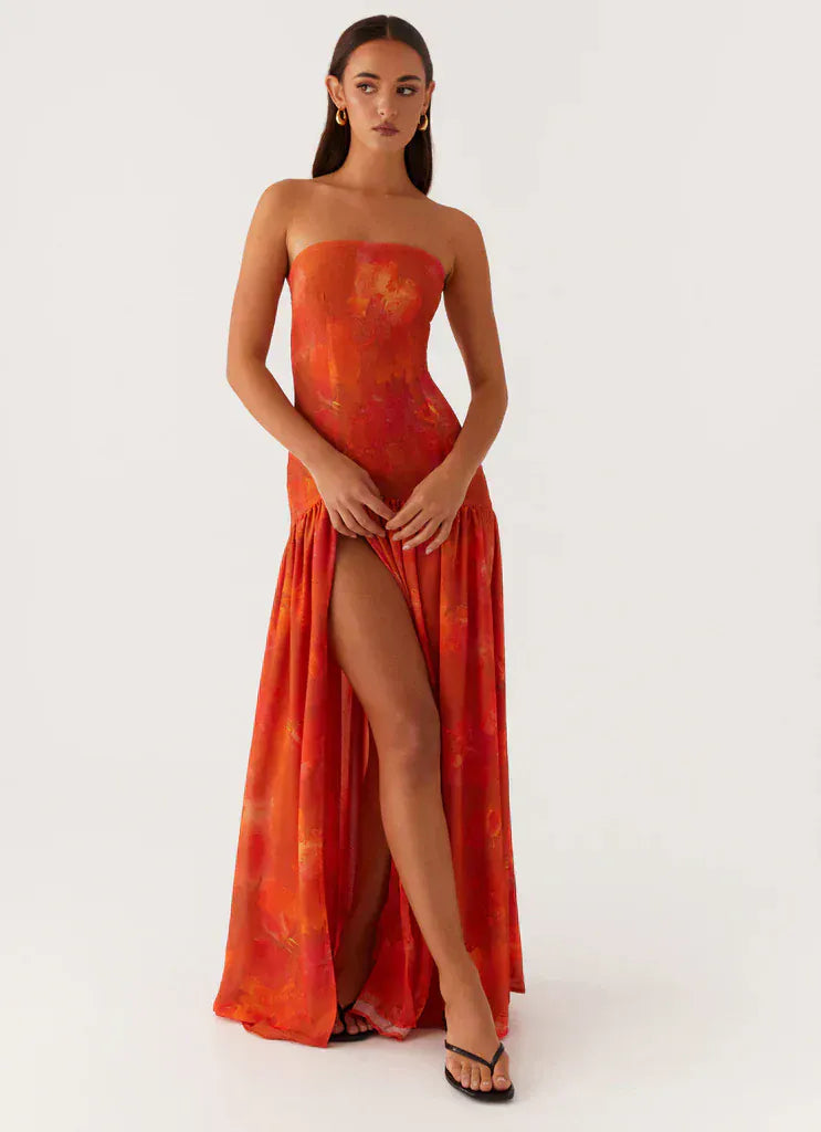 Red Floral Strapless Maxi Dress
