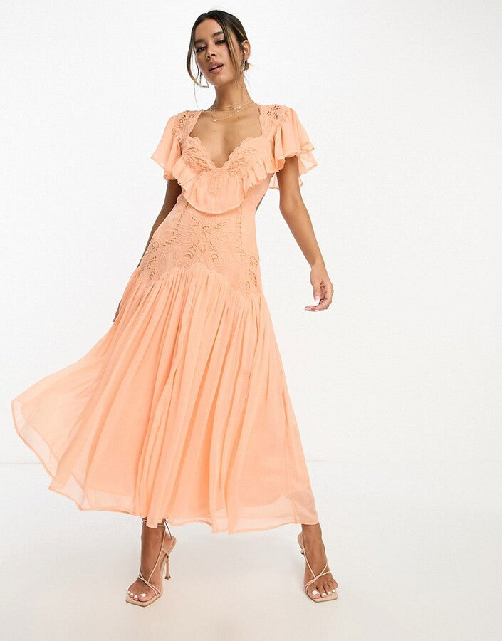 Peach Ruffle Embroidered Midi