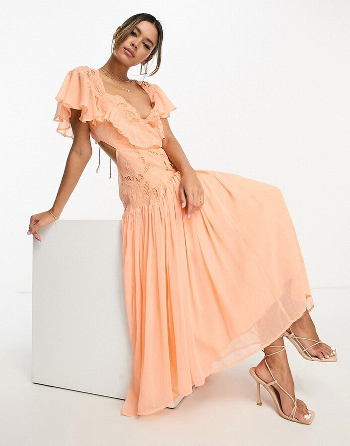 Peach Ruffle Embroidered Midi