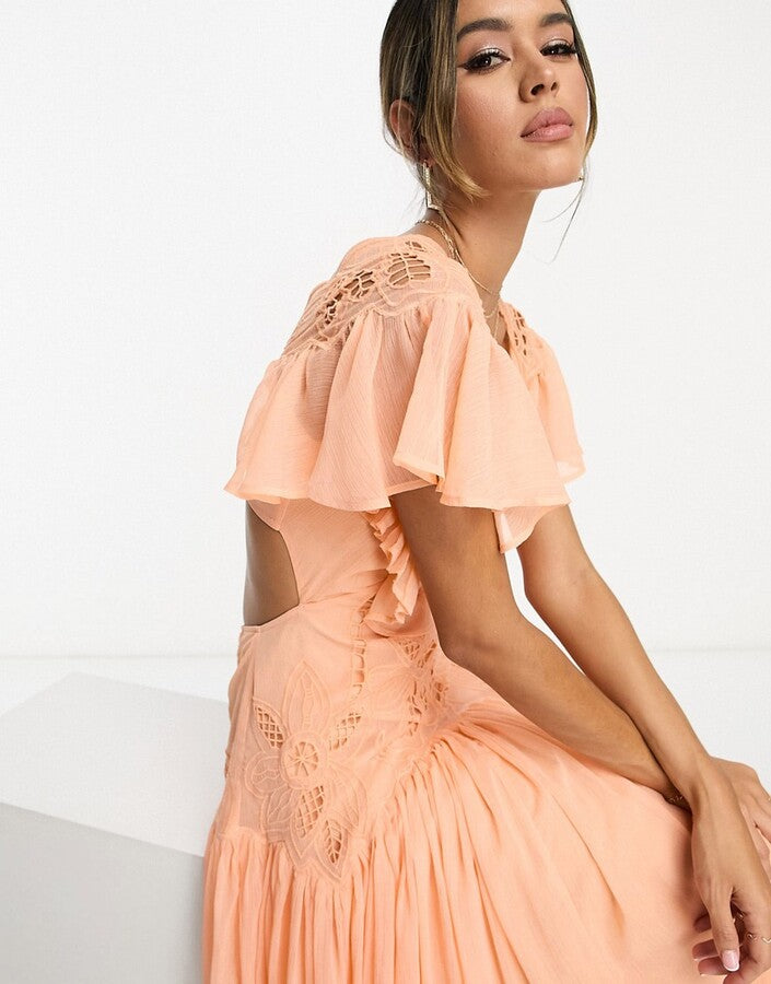 Peach Ruffle Embroidered Midi