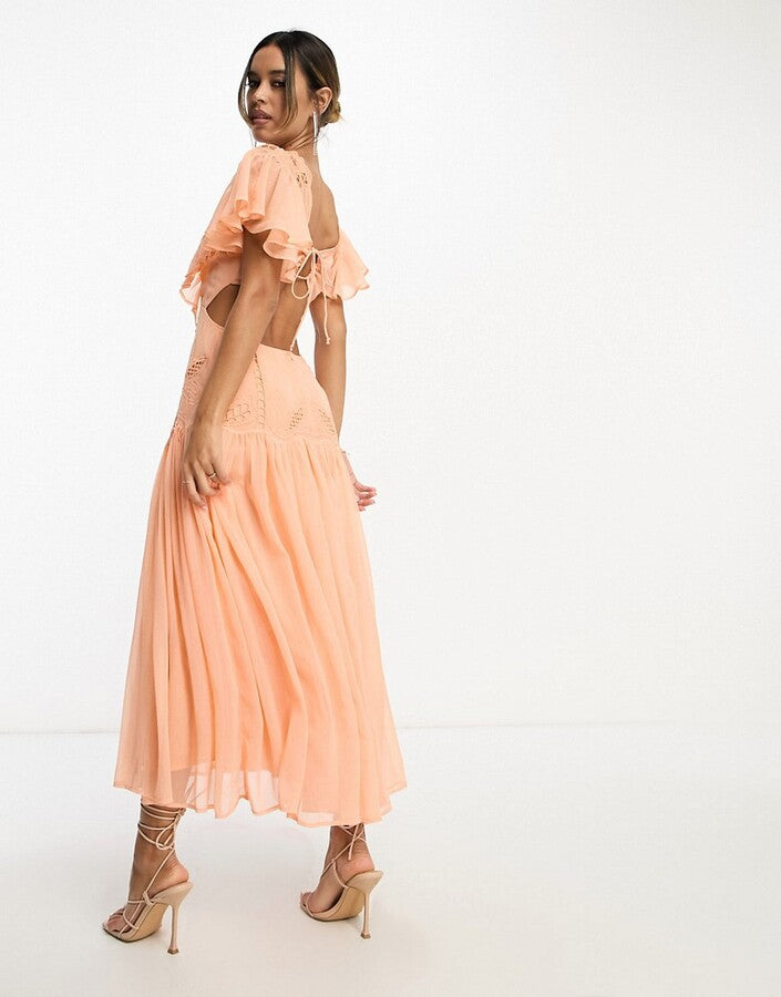 Peach Ruffle Embroidered Midi