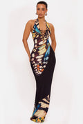 Butterfly Print Halter Maxi Dress