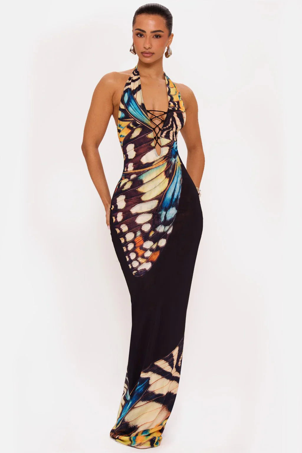 Butterfly Print Halter Maxi Dress